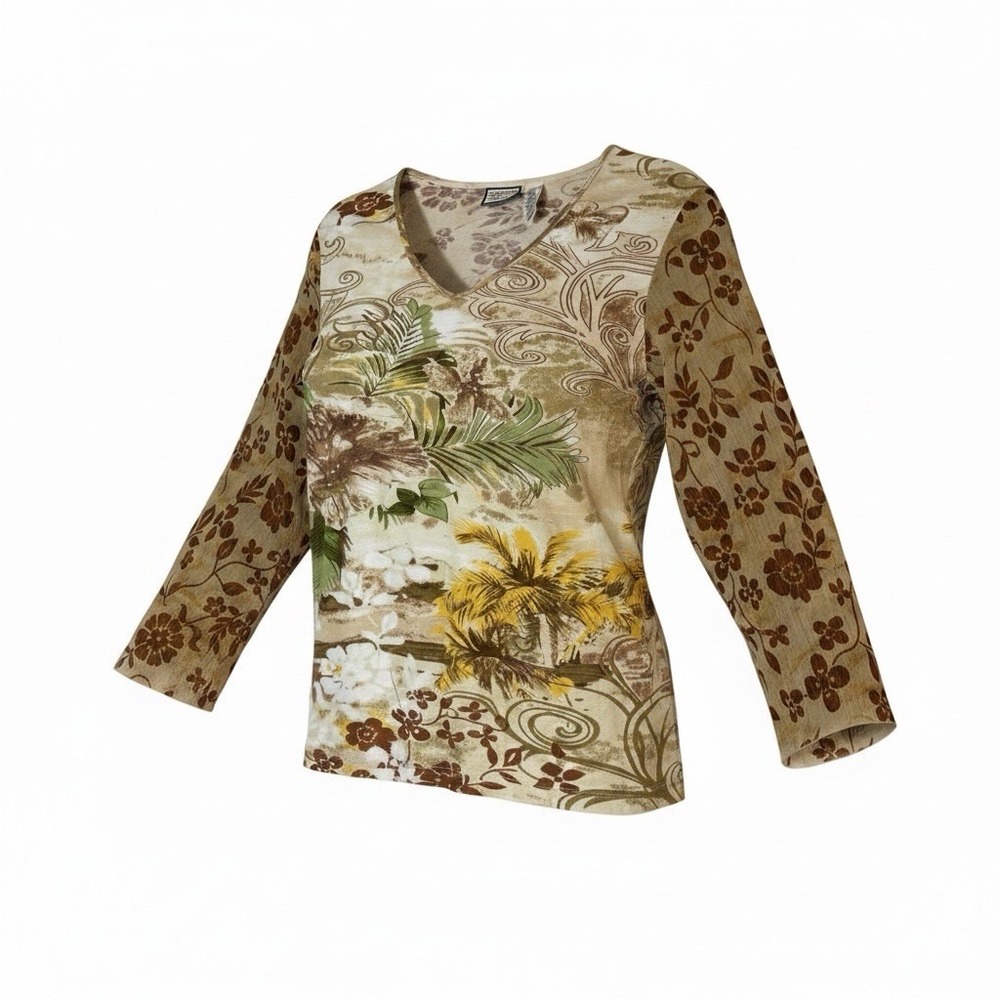 Caribbean Joe Women V-Neck 3/4 Sleeve Tropical Floral Blouse Brown Green Large